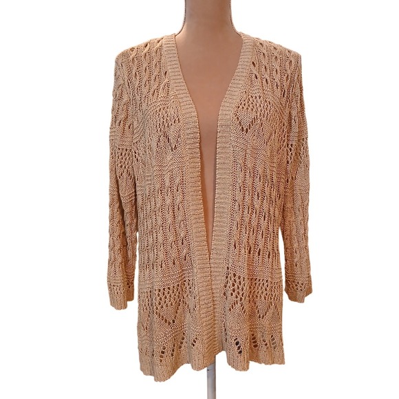 Westport Sweaters - Westport 2x Tan Beige Pointelle Cable Knit Open Front Cardigan Layering